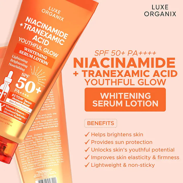 LUXE ORGANIX Niacinamide + Tranexamic Acid Youthful Glow Whitening Serum Body Lotion SPF 50 Pa++++ 200ml