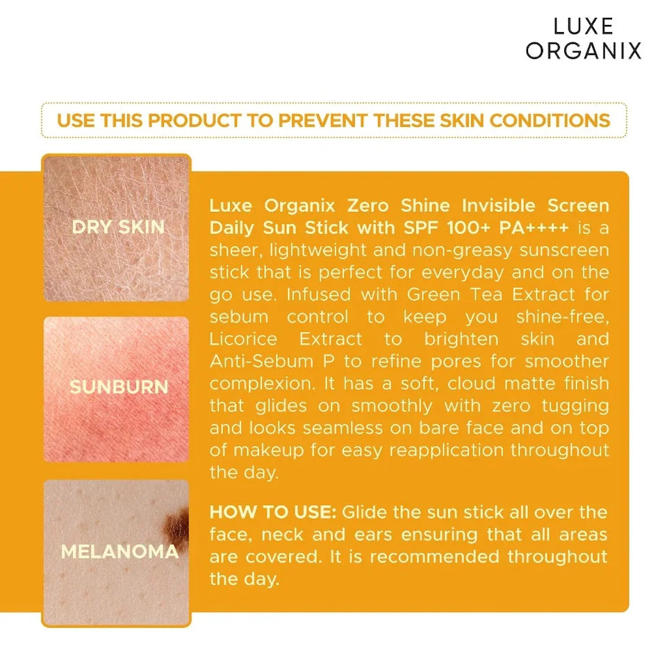 LUXE ORGANIX Zero Shine Invisible Screen Daily Sun Stick SPF 100 17g